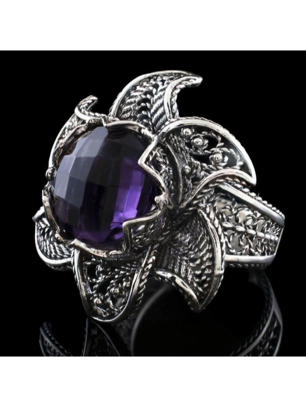 Art Lotus Flower Amethyst Gemstone Women 925 Silver Ring